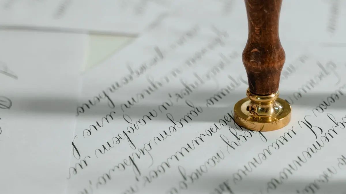 A handwritten letter beside a wax seal stamp