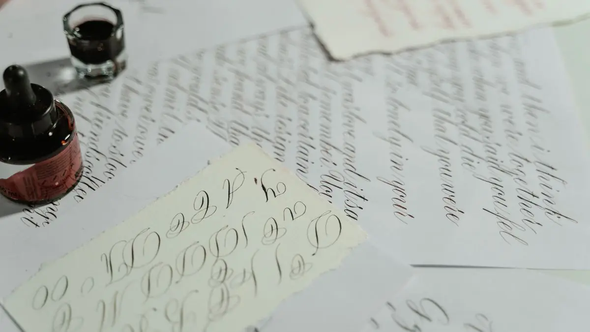 Handwritten letters and an ink bottle on a desk